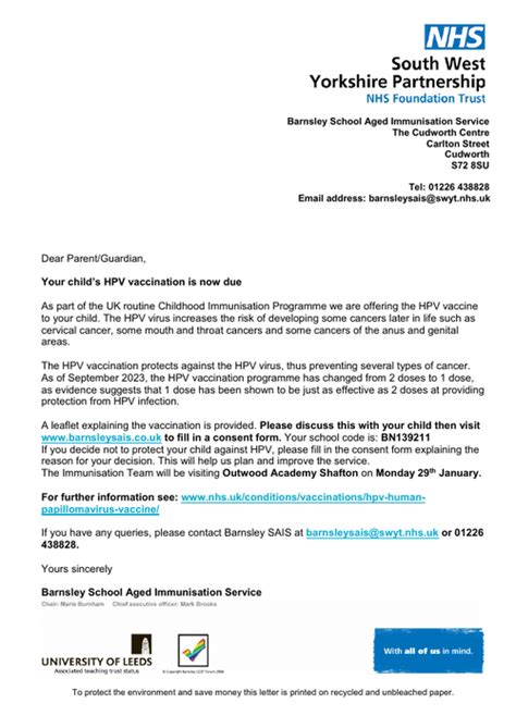 HPV Vaccination Outwood Academy Shafton