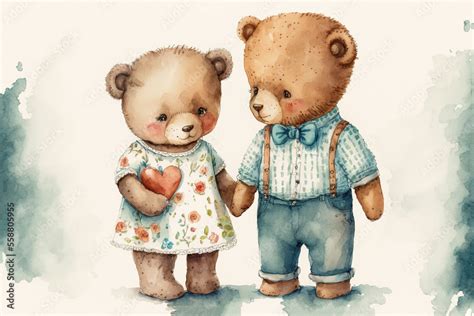 Boy & Girl Teddy Bear standing holding heart watercolor, Generative AI Stock Illustration ...