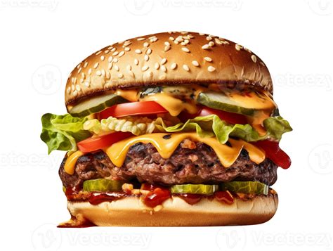 Delicious Mouthwatering Burger Isolated On Transparent Background