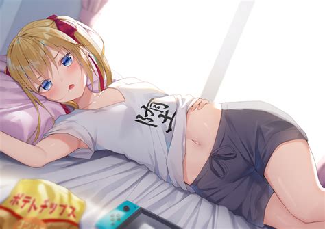 Wallpaper Shorts Blonde Blue Eyes Blush Belly Bed Thighs