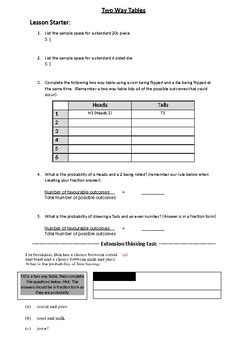 Lesson Starters Probability Two Way Tables Spinner Dice TpT