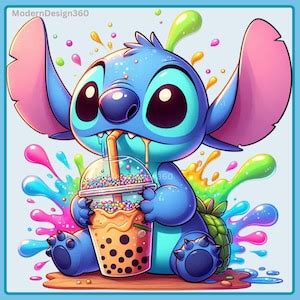 Stitch Drinking Boba Watercolor Splash Clipart Images Graphics And