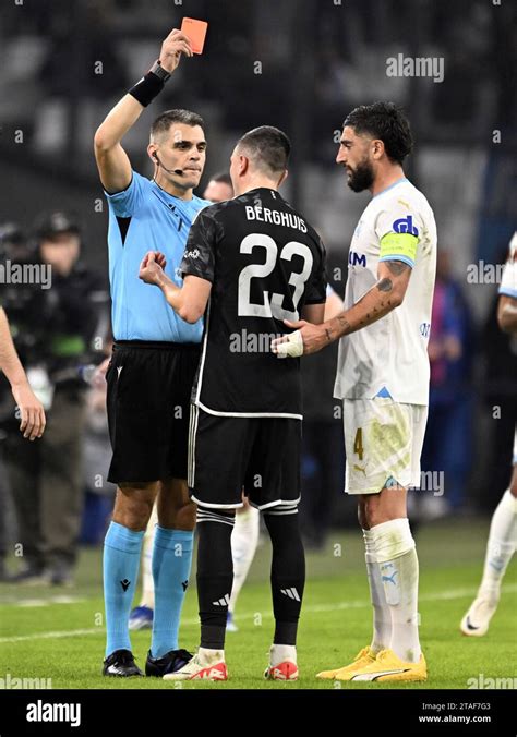 Marseille Steven Berghuis Of Ajax Receives The Red Card From Referee