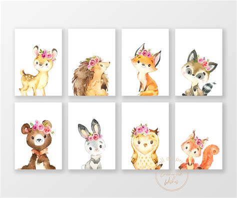 Floral Woodland Animal Prints Set Of 8 Printables