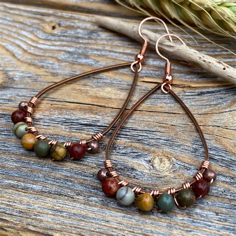 Red Creek Jasper Earrings Boho Earrings Copper Teardrop Earrings