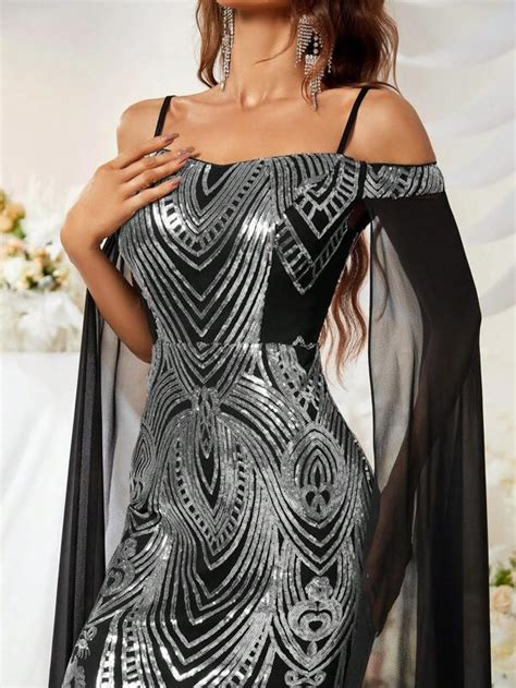 Giffniseti Cold Shoulder Contrast Mesh Cloak Sleeve Sequin Formal Dress