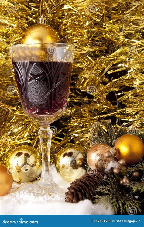 Christmas Decorations and Red Wine Stock Image - Image of alcohol, gold ...