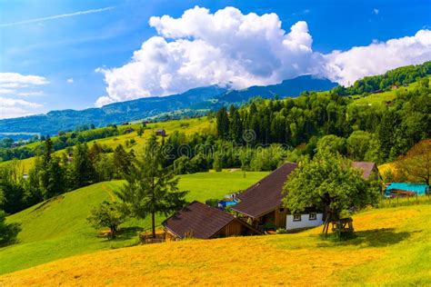 Casas De Campo De Madera Sobre Campos Verdes Toma Werdenberg St Gallen