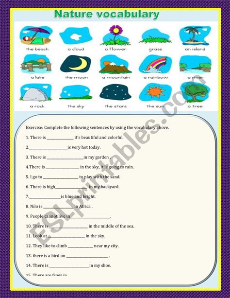 Nature Vocabulary Exercise - ESL worksheet by la mente maestra