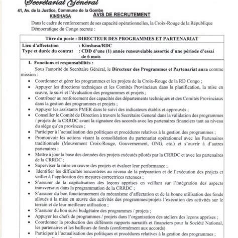 LA CROIX ROUGE DE LA RDC RECRUTE UN E DIRECTEUR DES PROGRAMMES ET