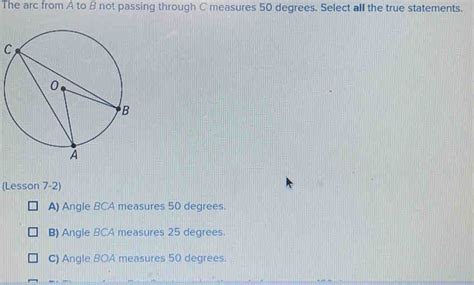 Solved The Arc From A To B Not Passing Through C Measures Degrees