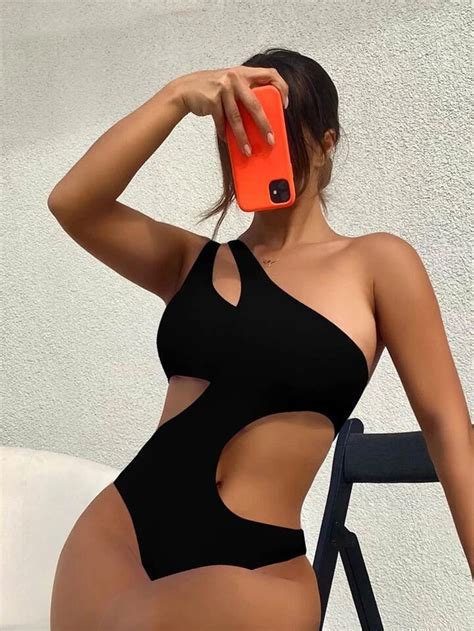 Shein Swim Bae Ba Ador Una Pieza Unicolor Con Abertura De Un Hombro