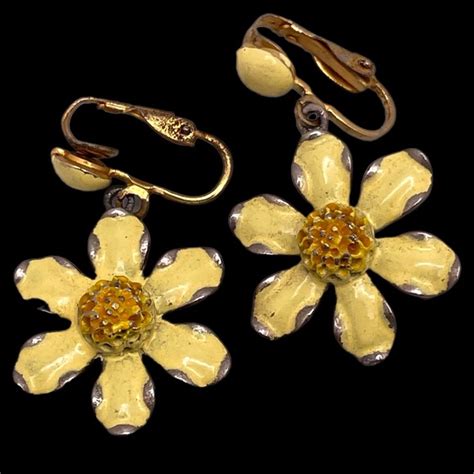 Albert Weiss Jewelry Vintage Weiss Yellow Enamel 3d Flower Clip Dangle Earrings Poshmark