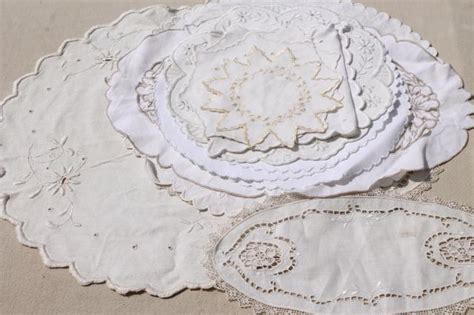 Antique Vintage Fabric Doilies W White Work Madeira Embroidery Table Mats And Tray Cloth