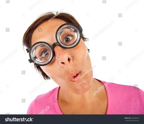 Close Young Woman Thick Glasses Surprised Stock Photo 433603393 ...