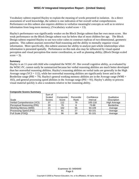 Pdf Wisc Iv Integrated Interpretive Report Pearson Clinicalimages