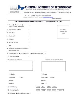 Fillable Online Citchennai Edu Application Form For Admission Binb