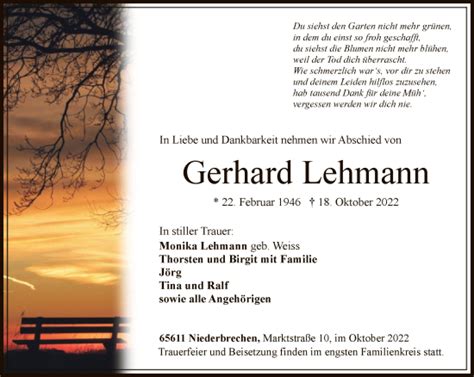 Traueranzeigen Von Gerhard Lehmann Trauer Rheinmain De