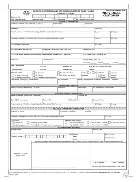 Landbank Specimen Signature Card Sample Fill Online Printable