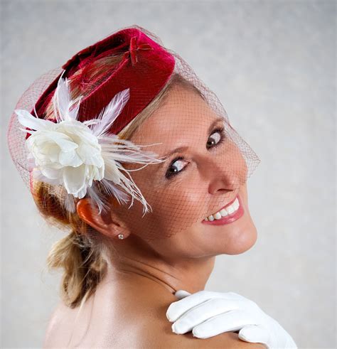 Red Ivory Wedding Hat Birdcage Veil Bridal Hat Wedding Etsy Wedding