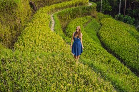 Mujer joven en la plantación de campo de arroz en cascada verde en la