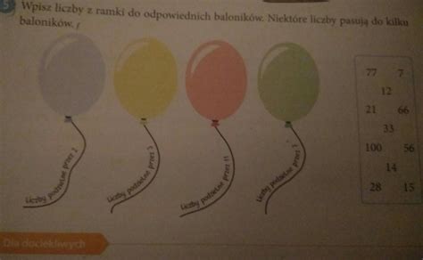 wpisz liczby z ramki do odpowiednich baloników niektóre liczby pasują