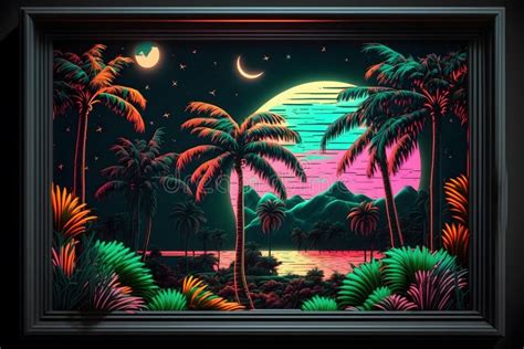 Synthwave Neon Landscape With Palm Trees And Sunset Retro Style Background Stock Image Image