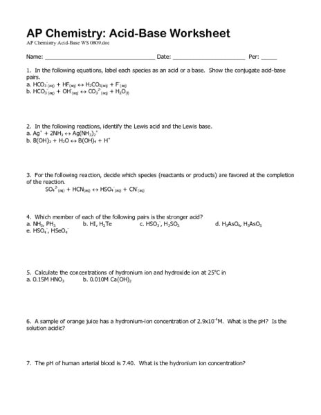 Acid Base Reactions Worksheet