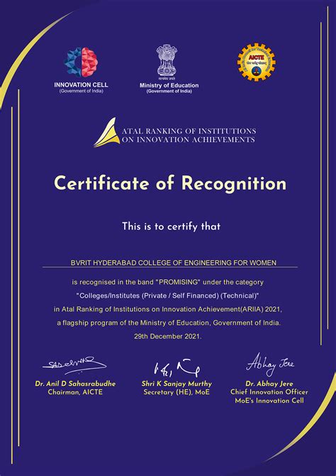 Ariia 2021 Certificate Bvrit Hyderabad College Of Engineering For Women