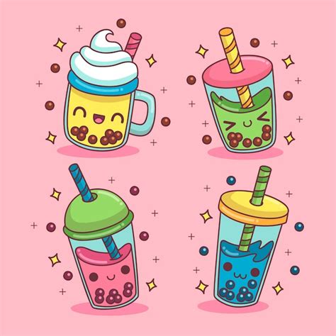 Paquete de té de burbujas kawaii Vector Premium