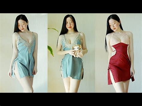 K Adorable Silk Lace Slip Lookbook Korean Try On Lingerie Haul Youtube