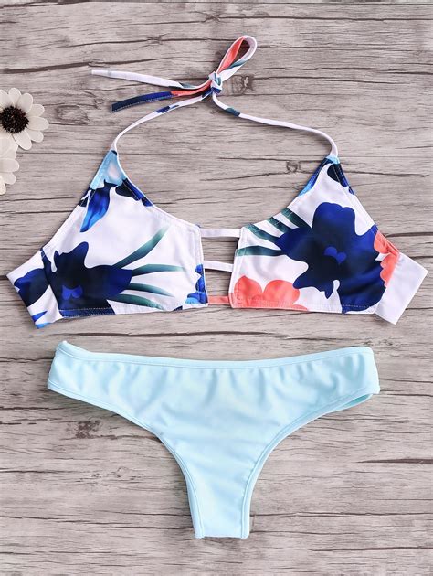 12 99 Print Cut Out Halter Bikini Set Blue Bikinis Zaful Halter