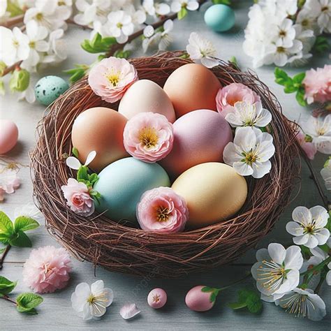 Easter Eggs In Nest With Spring Flowers Background Easter Eggs Nest