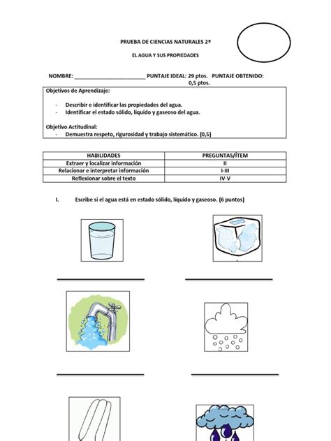 PRUEBA CIENCIAS NATURALES 2º ESTADOS DEL AGUA