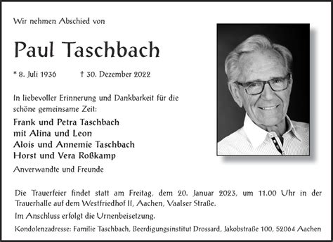 Traueranzeigen Von Paul Taschbach Aachen Gedenkt