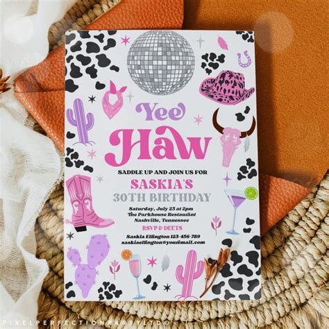 Editable Space Cowgirl Birthday Invitation Pink Cowgirl Etsy