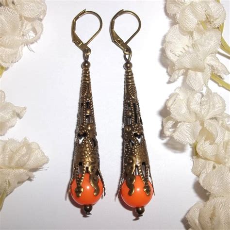 Wvluckygirl Jewelry Long Boho Earrings Bronze And Bright Orange