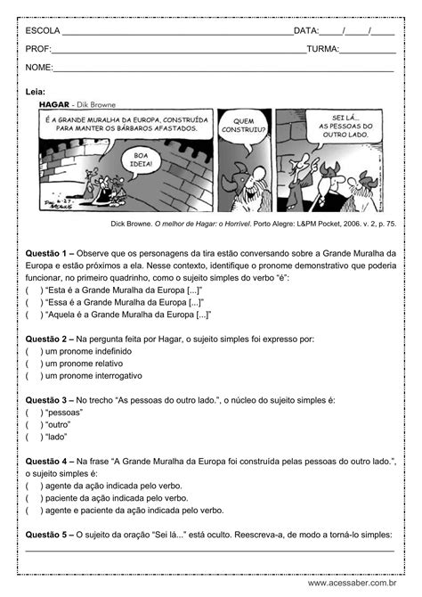 Tipos De Sujeito Exercícios Gabarito REVOEDUCA