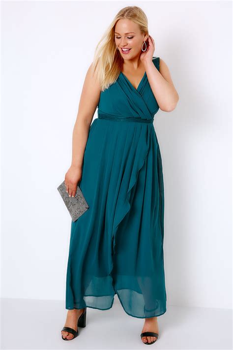 Teal Ruched Chiffon Maxi Wrap Dress With Lace Detail Plus Size 16 To 36