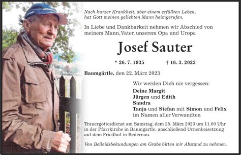 Traueranzeigen Von Josef Sauter Augsburger Allgemeine Zeitung