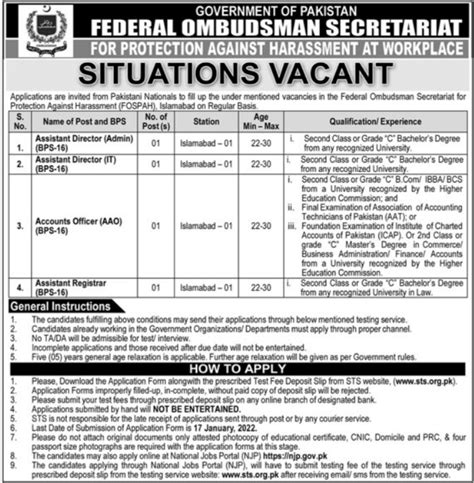 Federal Ombudsman Secretariat Islamabad Jobs 2022 Via STS 2024 Job