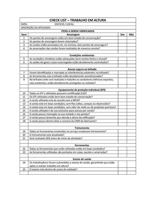 Check List Trabalho Em Altura Check List Trabalho Em Altura Data