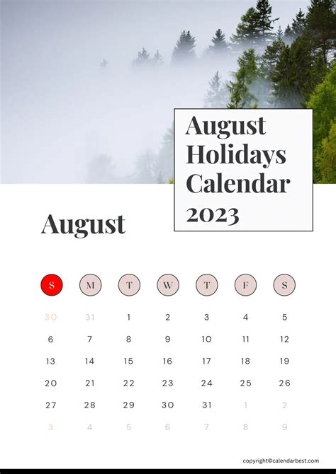 August Holidays Calendar 2023 – Printable Template in PDF