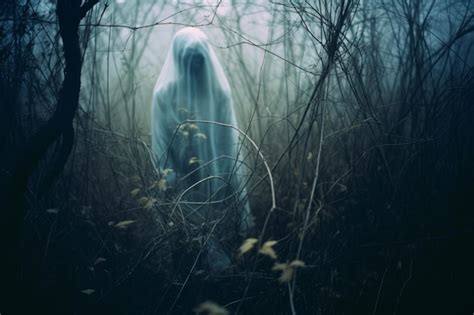 Premium AI Image | a ghostly figure standing in the middle of the woods