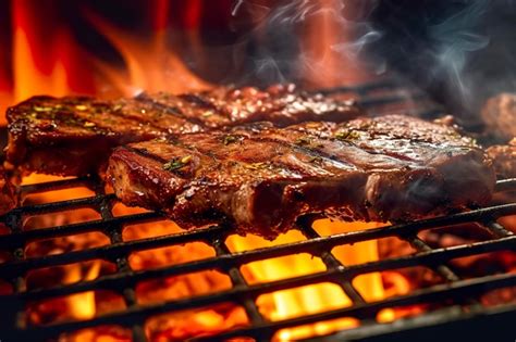 Carne asada en una parrilla de carbón con humo subiendo Foto Premium