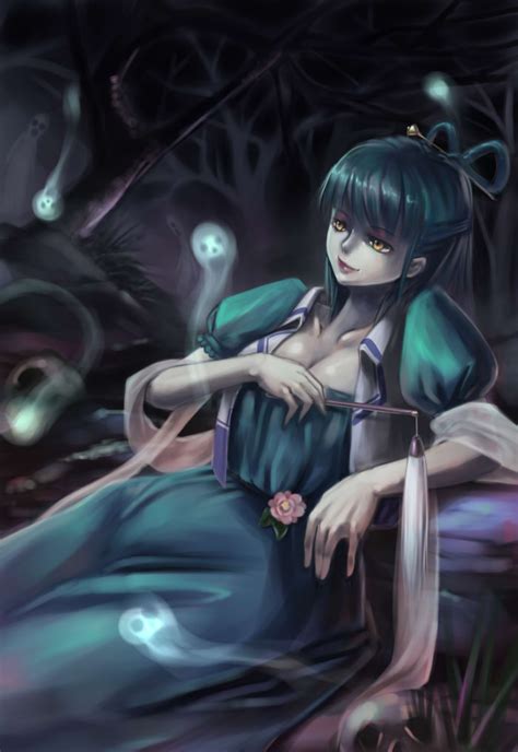 Safebooru Alternate Eye Color Blue Hair Breasts Cleavage Cress Flower