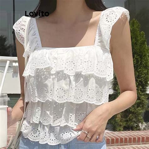 Lovito Women Casual Plain Eyelet Embroidery Tiered Layer Lettuce Trim