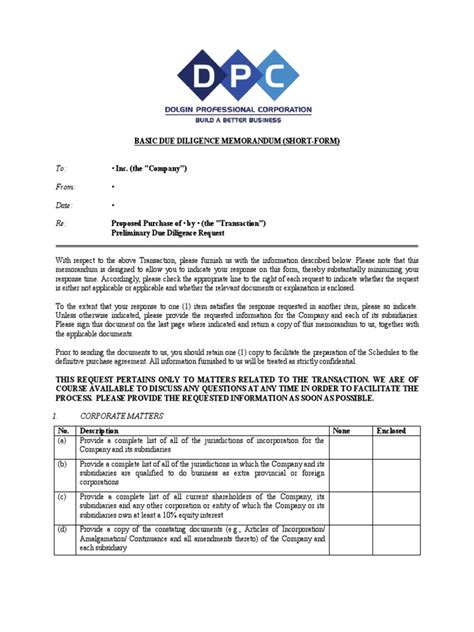 Sample Due Diligence Memo Subsidiary Financial Statement