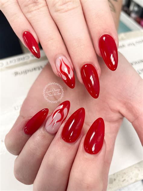 Red Almond Nails With Flame Art Stylish Nails Red Nails Red Acrylic