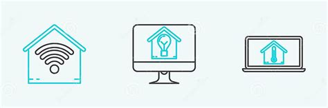 Set Line Laptop With House Temperature Smart Home Wi Fi And Computer